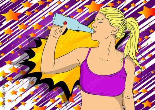 Beautiful female drinking water at gym taking a break from workout. Caucasian fitness woman. Comic book style vector illustration.
