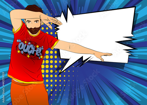 Cool man dancing. Enjoying music in the disco, at a hip hop, rock concert. Cheerful guy in a night club. Comic book style vector illustration.