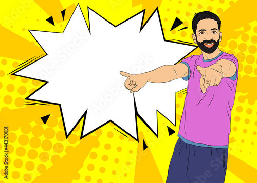 Cool man dancing. Enjoying music in the disco, at a hip hop, rock concert. Cheerful guy in a night club. Comic book style vector illustration.