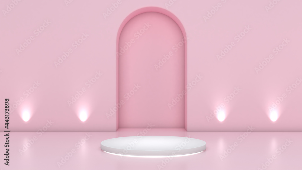 White stand on curved wall light pink back,mock up podium for product presentation,3D render
