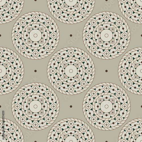 Seamless geometrical ethnic pattern with round mandalas. Native American motifs of Aleut Indians from Canada.