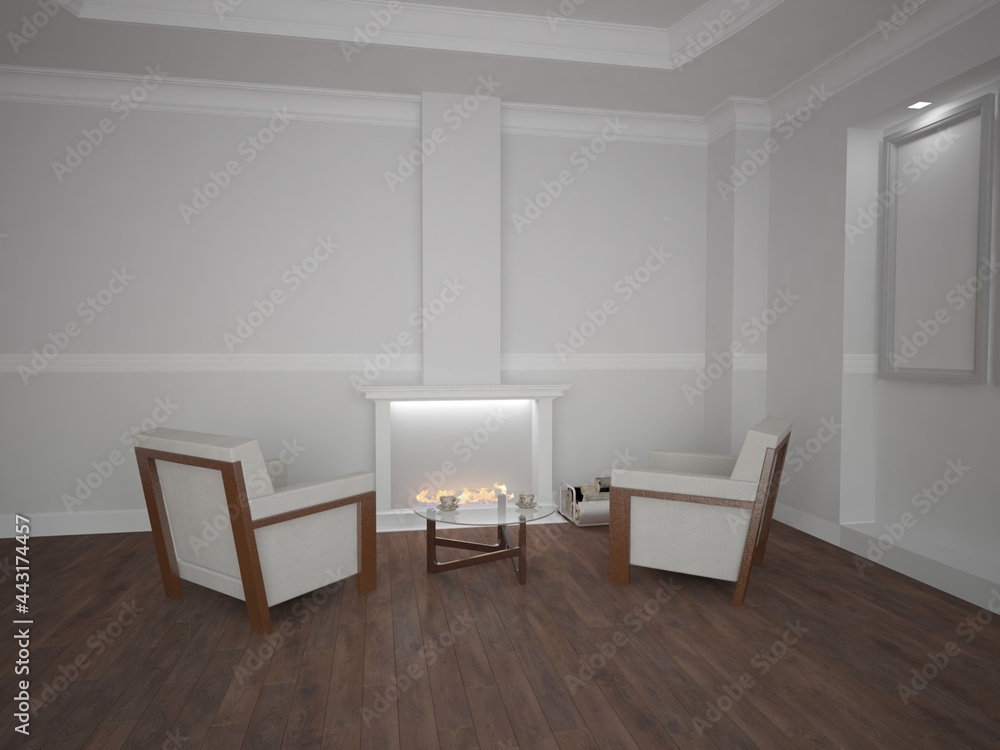modern room with fireplace,armchairs,table with cups of tea interior design. 3D illustration modern room with fireplace,armchairs,table with cups of tea interior design. 3D illustration