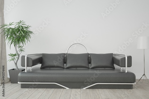 modern room with leather sofa,pillows,lamp and plant interior design. 3D illustration