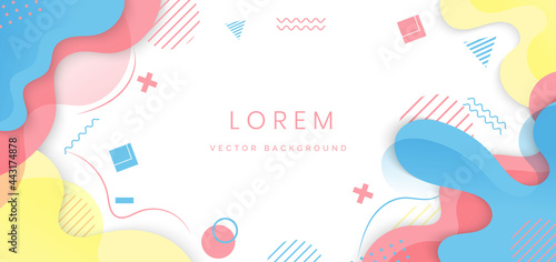 Modern background with fluid shape yellow, blue, orange pastel color and hand draw line on white background flat minimal design.