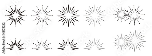 Set of light rays, fireworks, sunburst and rays of sun. Sunburst collection. Big set sunburst. Sun rays set. Burst symbol. Linear style.