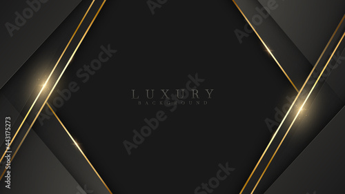 Black luxury background with glitter gold lines, minimal scene, empty space for use showcase beauty and cosmetics product or text. 3d Vector illustration.