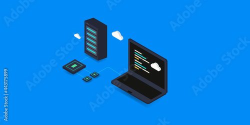 Cloud computing technology internet, cloud network server connection, smart device laptop, web data cloud management, digital cloud storage datacentre concept, isometric design illustration.