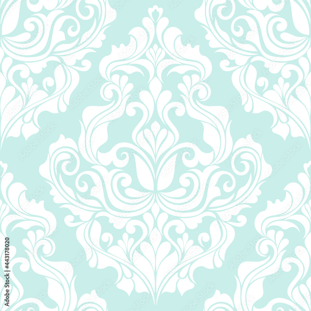 Damask seamless vector background. Wallpaper in the baroque style template. Blue and white floral element. Graphic ornate pattern for wallpaper, fabric, packaging, wrapping. Damask flower ornament. Damask seamless vector background. Wallpaper in the baroque style template. Blue and white floral element. Graphic ornate pattern for wallpaper, fabric, packaging, wrapping. Damask flower ornament.