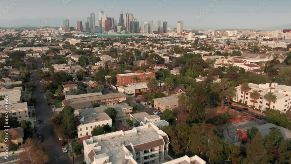 Aerial: University Park skyline with a view to downtown Los Angeles, California, USA Aerial: University Park skyline with a view to downtown Los Angeles, California, USA