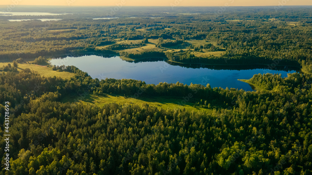 Incredibly beautiful aerial view landscape: green forest, fields, trees, lake. Wonderful sunset. Desktop wallpaper