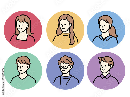 人物アイコンイラスト(女性、男性、ファッション、髪型、若者、顔パターン) Person icon illustration .female, male, fashion, hairstyle, youth, face pattern