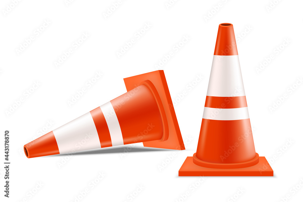 Traffic cones on white background, Orange road warning cone Traffic cones on white background, Orange road warning cone