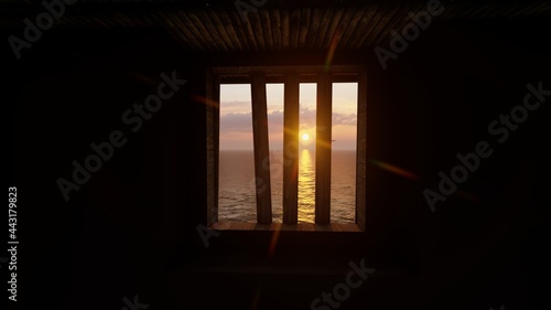 wood windows with sea view