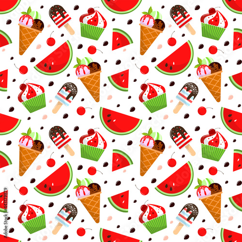 Bright, summer, seamless pattern of watermelon, ice cream and cupcake. So delicious and sweet, it is perfect for decorating the decor for Watermelon Day. Vector, isolated.