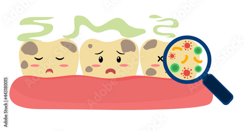 Dirty and smelly teeth cartoon character concept vector illustration on white background. Magnifying glass examine teeth with bacteria in flat design. Bad breath.