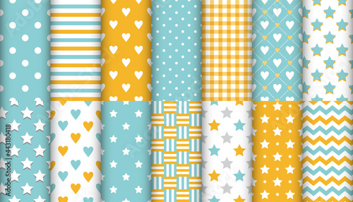 set of 14 trendy colors seamless patterns. Hearts, Stars, polka dot, Zigzag, stripes. Turquoise, yellow, white, grey 2021 colors. Vector illustration for baby shower, textile, wrapping paper.