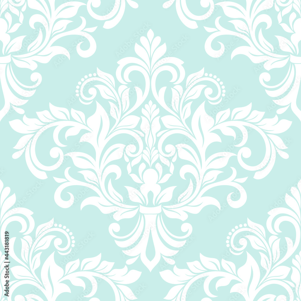 Damask seamless vector background. Wallpaper in the baroque style template. Blue and white floral element. Graphic ornate pattern for wallpaper, fabric, packaging, wrapping. Damask flower ornament.