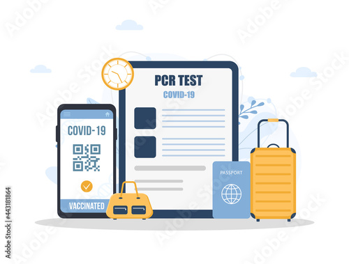 PCR test for travel. QR code with vaccine certificate. Check of safety from covid-19. Electronic results on smartphone screen. New normal for travel. Vector illustration in flat cartoon style.