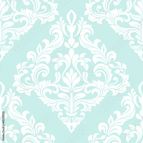 Damask seamless vector background. Wallpaper in the baroque style template. Blue and white floral element. Graphic ornate pattern for wallpaper  fabric  packaging  wrapping. Damask flower ornament.