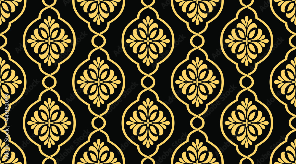 Abstract floral seamless pattern. Gold and black ornament. Vector background.