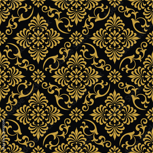 Abstract floral seamless pattern. Gold and black ornament. Vector background.