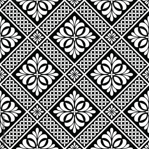 Abstract geometric floral seamless pattern. Black and white ornament. Modern stylish texture repeating. Vector background.