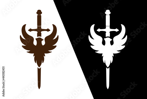 Retro Vintage American Bird Eagle Hawk Falcon Silhouette with Blades Weapon Logo Design Vector