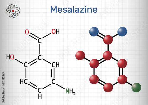 Mesalazine, mesalamine, 5-aminosalicylic acid molecule. It is non-steroidal anti-inflammatory drug, used for treatment of ulcerative colitis,Crohn's disease. Sheet of paper in a cage