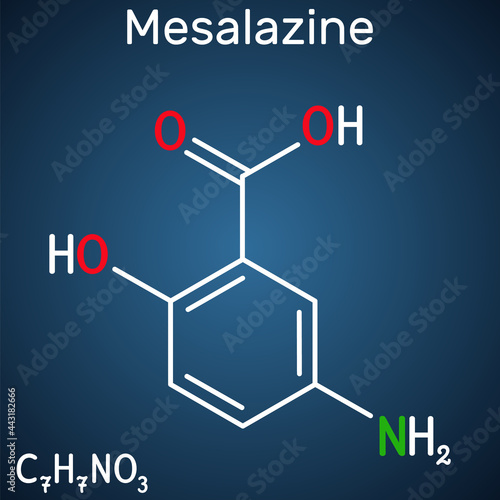 Mesalazine, mesalamine, 5-aminosalicylic acid molecule. It is non-steroidal anti-inflammatory drug, used for treatment of ulcerative colitis,Crohn's disease. Dark blue background