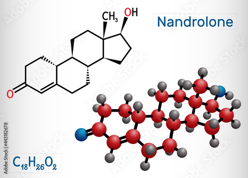 Nandrolone, 19-Nortestosterone, nortestosterone molecule. It is androgen, synthetic, anabolic steroid AAS, analog of testosterone. Structural chemical formula and molecule model photo