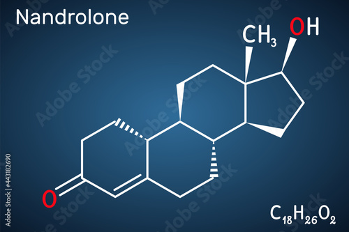 Nandrolone, 19-Nortestosterone, nortestosterone molecule. It is androgen, synthetic, anabolic steroid AAS, analog of testosterone. Structural chemical formula on the dark blue background