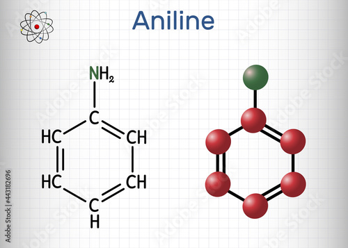 Aniline, phenylamine, aminobenzene, benzenamine, C6H5NH2 molecule. It is primary arylamine, aromatic amine, consisting of phenyl group and amino group. Sheet of paper in a cage
