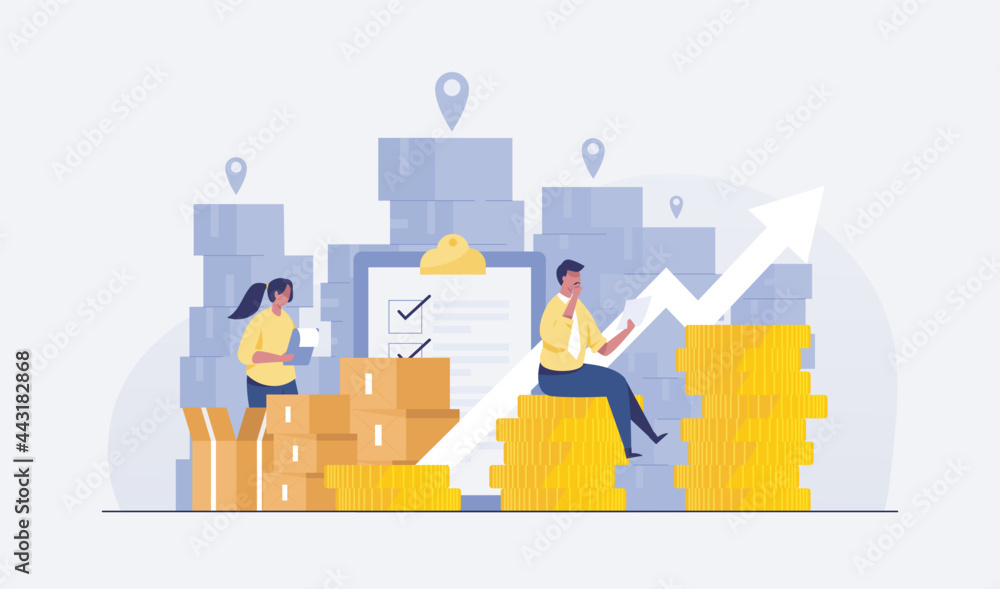 wrehouse worker checking goods on pallet stock. vector illustration wrehouse worker checking goods on pallet stock. vector illustration