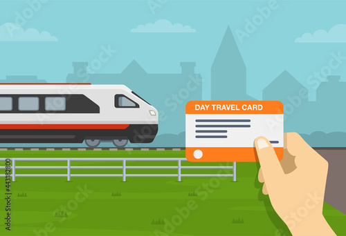 Hand holding a train ticket or day travel card. City train is approaching the station. Flat vector illustration template.