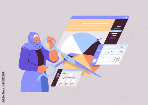 arab businesswoman with scissors creating visual graphs business charts financial statistics data analyzing concept