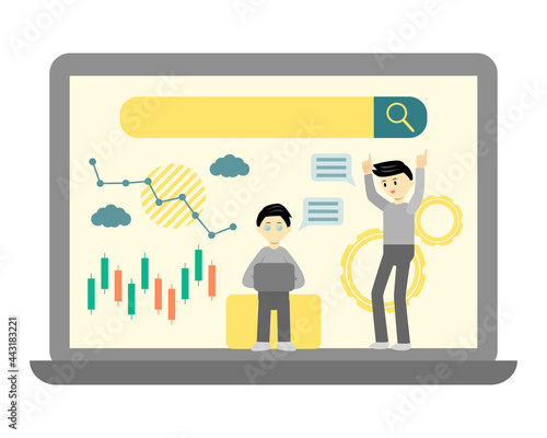 Young men searching financial information and important data on computer. Searching engine concept