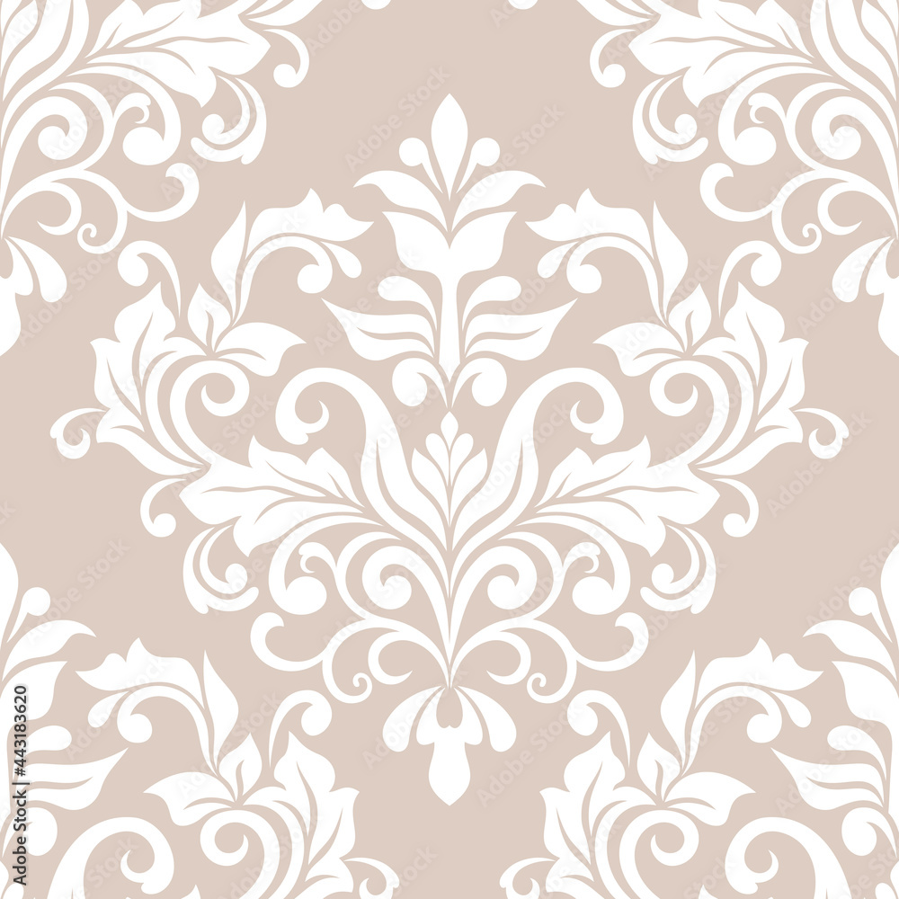 Obraz premium Damask seamless vector background. baroque style pattern. Beige and white floral element. Graphic ornate pattern for wallpaper, fabric, packaging, wrapping. Damask flower ornament.