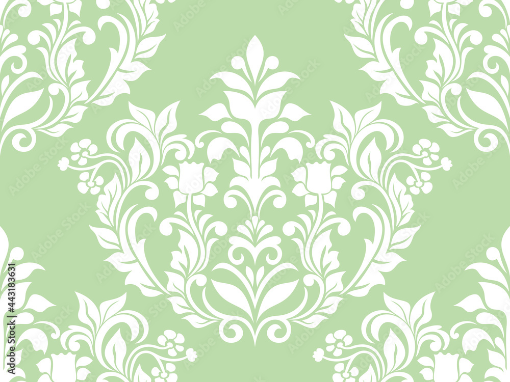 Damask seamless vector background. baroque style pattern. Green and white floral element. Graphic ornate pattern for wallpaper, fabric, packaging, wrapping. Damask flower ornament.