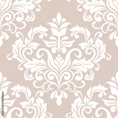 Damask seamless vector background. baroque style pattern. Beige and white floral element. Graphic ornate pattern for wallpaper, fabric, packaging, wrapping. Damask flower ornament.