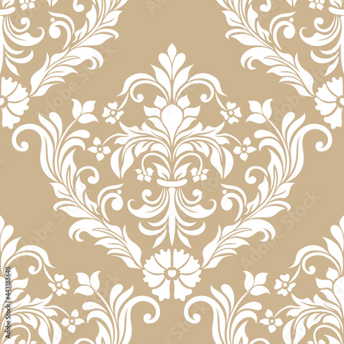 Damask seamless vector background. baroque style pattern. Beige and white floral element. Graphic ornate pattern for wallpaper, fabric, packaging, wrapping. Damask flower ornament.