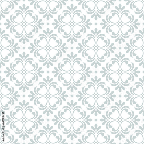 Floral seamless pattern with baroque style ornament. Modern stylish texture. Gray and white. Repeating vector background.