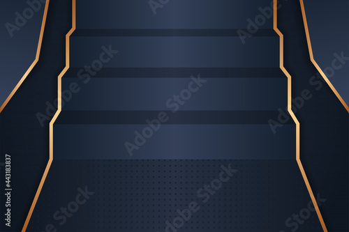 stairs with many steps. Staircase up front view in perspective. Vector illustration gradient design with gold ornament. dark blue background with gold border. Way forward concept.