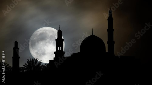 Al Qubrah Mosque in Muscat, Oman: Time Lapse by Night with Full Moon photo