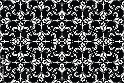 Floral seamless pattern with baroque style ornament. Modern stylish texture. Black and white. Repeating vector background.