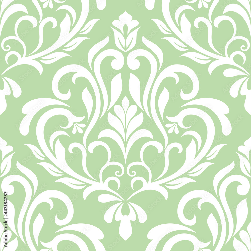 Damask seamless vector background. baroque style pattern. Green and white floral element. Graphic ornate pattern for wallpaper, fabric, packaging, wrapping. Damask flower ornament. Damask seamless vector background. baroque style pattern. Green and white floral element. Graphic ornate pattern for wallpaper, fabric, packaging, wrapping. Damask flower ornament.