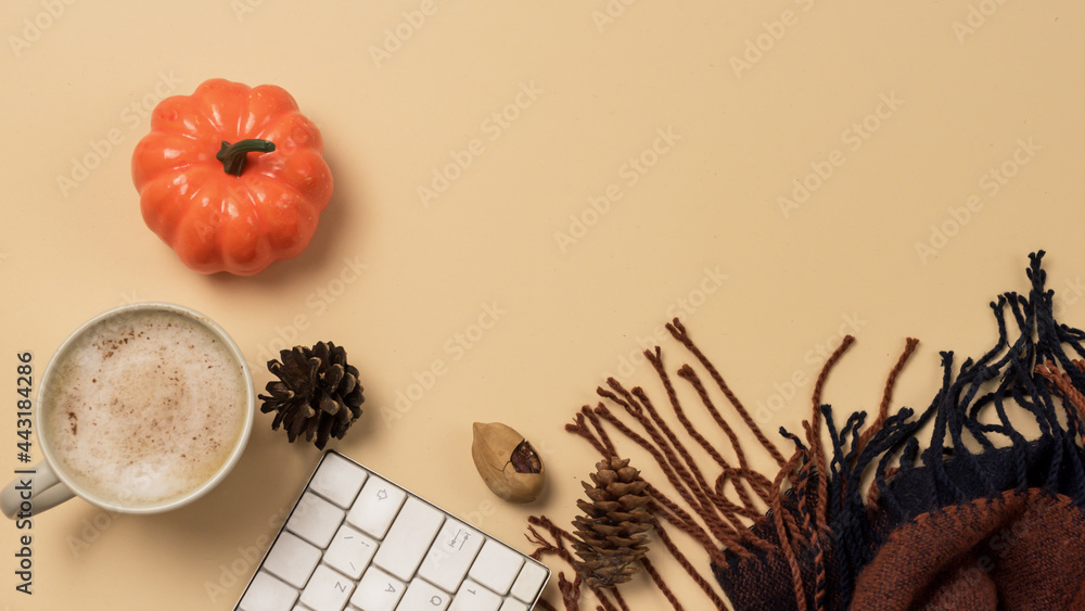 Workspace with Laptop or Keyboard Pencil Cozy and Warm Scarf PumpkinPine Coneand Cup of Coffee Autumn Stylish Office Desk Autumn Concept Flat Lay Yellow Background Banner Workspace with Laptop or Keyboard Pencil Cozy and Warm Scarf PumpkinPine Coneand Cup of Coffee Autumn Stylish Office Desk Autumn Concept Flat Lay Yellow Background Banner