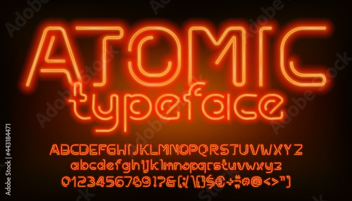 Atomic alphabet font. Orange neon light letters, numbers and punctuation. Uppercase and lowercase. Stock vector typescript for your design.