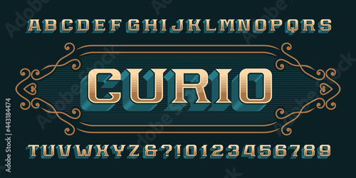 Curio alphabet font. Vintage 3d letters, numbers and symbols for label, badge or emblem design. Stock vector typescript for your typography design.