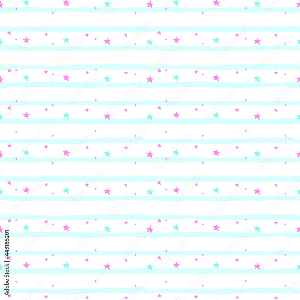 Repeated scattered stars and round dots on uneven striped background. Cute seamless pattern for girls. Endless girly print. Vector illustration. Repeated scattered stars and round dots on uneven striped background. Cute seamless pattern for girls. Endless girly print. Vector illustration.