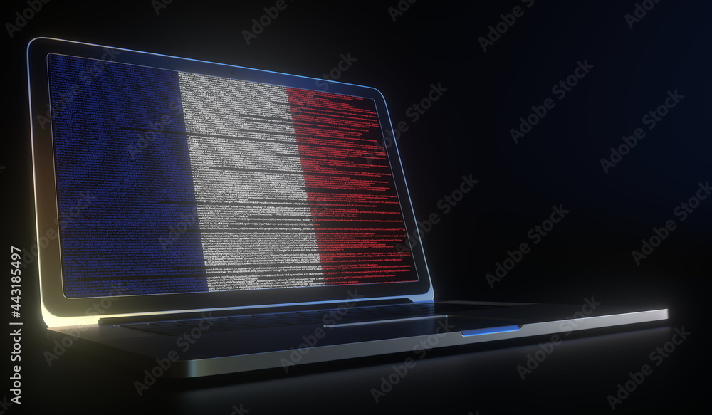 French Computer Code Flag of France made with computer code on the laptop screen. Hacking or ...